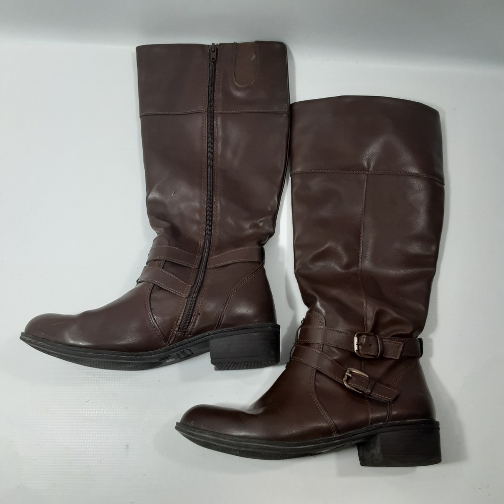 Arizona Jean Co Denver Size 8.5M Brown Faux Leather Knee High ZipUp Riding Boots